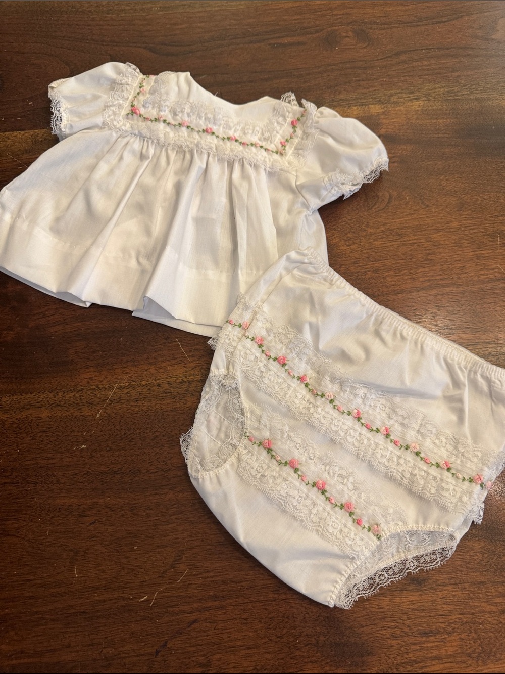 Alexis vintage White Baby Dress Set with Pink Floral Smocking